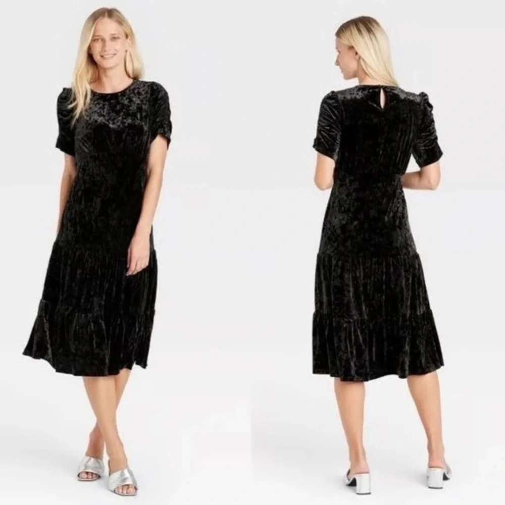 Who What Wear Black Velvet Midi Dress - Picture 1 of 3